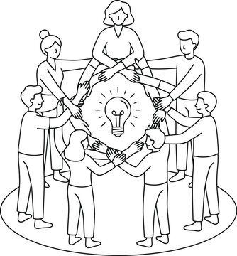 Group of diverse people standing in a circle holding hands around a glowing lightbulb idea icon representing teamwork collaboration and creative problem solving