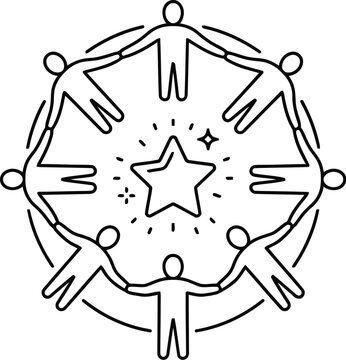 Group of people holding hands in a circle around a glowing star symbol representing teamwork unity and success in a simple hand drawn doodle style illustration