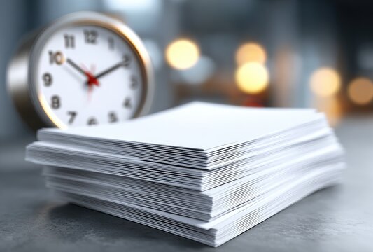 Stack of papers with a clock in the background