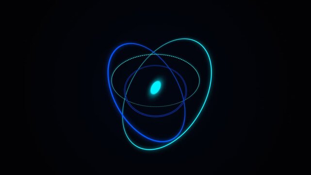 Abstract neon blue atomic structure with glowing orbital rings on black