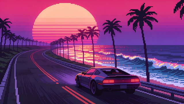 Retro Synthwave Pixel Art Sports Car Driving along Coastal Highway at Sunset