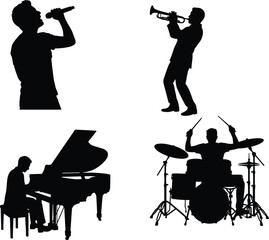 Musician silhouettes performing with microphone, trumpet, piano, and drums representing diverse musical instruments, band performance, and artistic expression © anisur-creatives