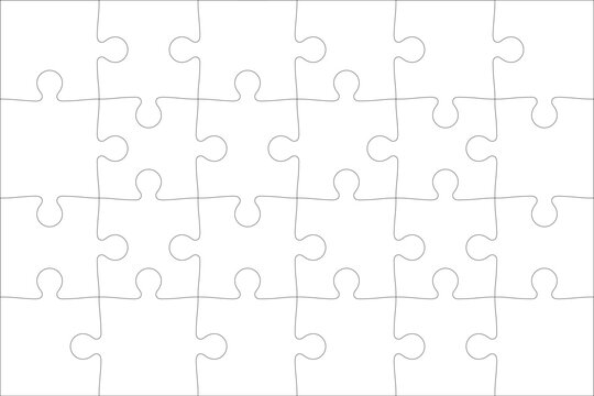 Detailed various shapes puzzle grid overlay. Jigsaw puzzle blank template. 6x4 shapes, 24 pieces. Separate matching puzzle elements. Vector png