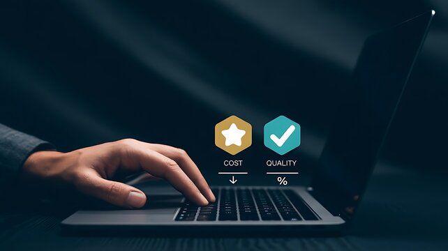 Professional balancing cost and quality on laptop with digital efficiency icons