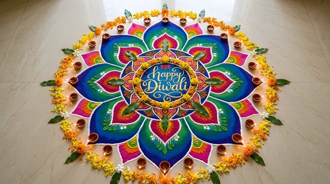Colorful rangoli design with lit diyas for diwali festival