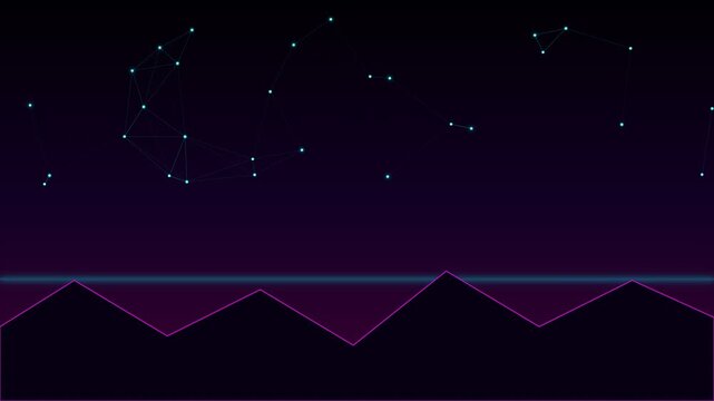 Minimalist synthwave landscape with glowing constellations in night sky