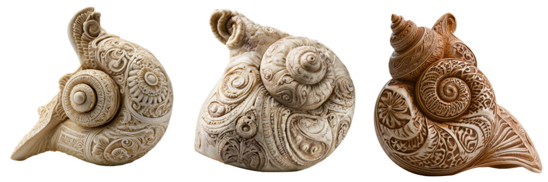 Set of Handcrafted conch shell with finely carved ornate traditional detailing on transparent png background. Ai generated