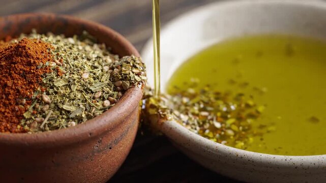Olive Oil Pouring Over Zaatar Spice Mix in Rustic Kitchen Bowls