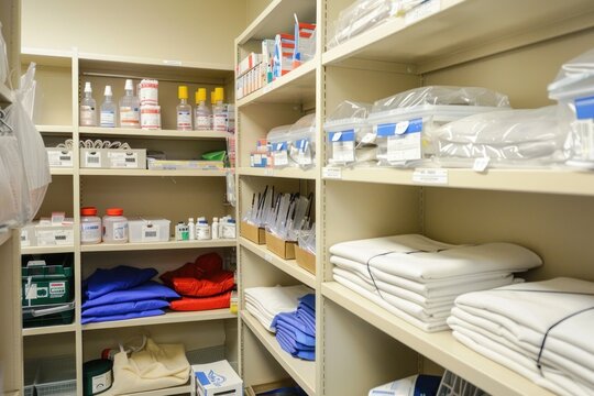 Well-Organized Medical Supply Closet with Shelves Stocked with Essential Hospital Items.