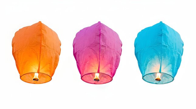 Three colorful floating sky lanterns isolated on white background