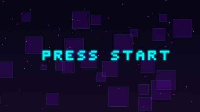 Retro 8-Bit Press Start Text on Dark Background with Floating Neon Purple Squares Animation