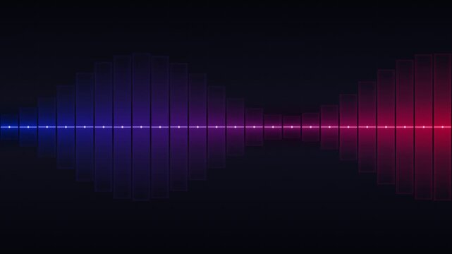 Dynamic digital audio waveform visualization with blue and red neon glows