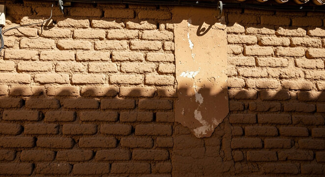 Rustic adobe brick wall under warm sunlight showcases traditional architectural heritage with earthy textures and visible mortar casting gentle shadows across the historic exterior structure