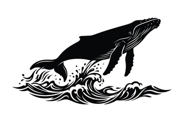 Naklejka premium Humpback whale jumping out of ocean waves in dynamic movement illustration