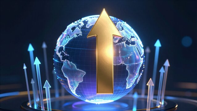Global growth symbolized by a golden arrow rising above a digital globe with surrounding upward arrows.