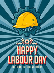Fototapeta premium Happy Labour Day poster with yellow hard hat and industrial gear icon design