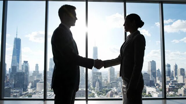 Partnership Success Business handshake solidifies agreement and collaboration people celebrating deal, optimism, trust against city skyline. Business meeting signifies new venture, urban backdrop