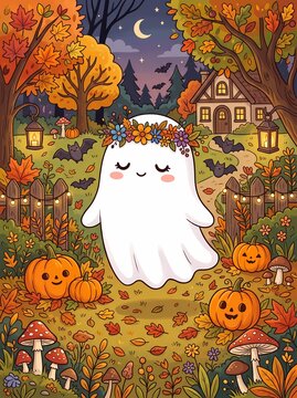 Adorable Halloween Ghost Among Autumn Leaves and Pumpkins with Floral Wreath