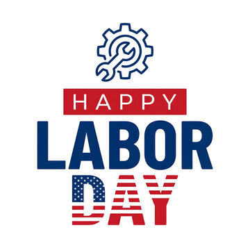 Happy Labor Day greeting card design with gear and wrench icon and American flag pattern