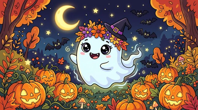 Cute and spooky ghost floating in autumn pumpkin patch halloween night illustration