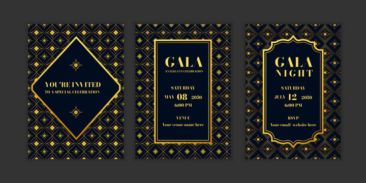 Luxury Gala Invitation Card Template Set with Elegant Gold Geometric Ornament Pattern