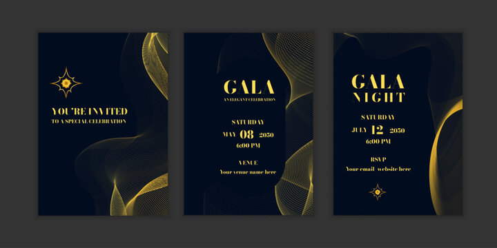 Elegant gala night invitation card template set with golden lines. Premium wave curves for corporate event, VIP celebration, and formal party design.