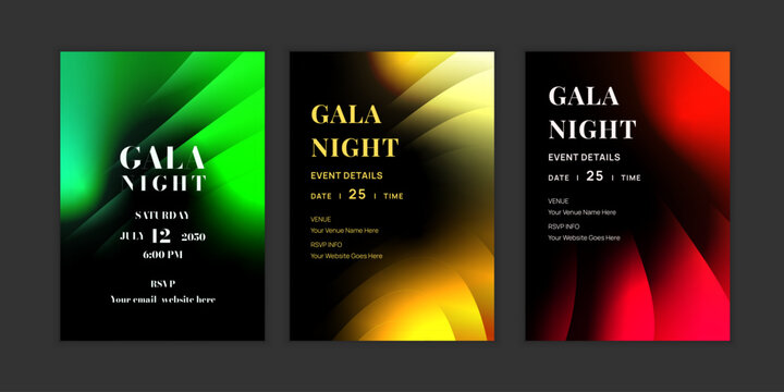 Modern neon gala night invitation card template set in gradient colors. Vibrant glowing light effects for corporate event, VIP celebration, and formal party design.