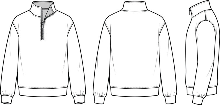 Half zip pullover sweatshirt fashion flat technical drawing template front back and side views