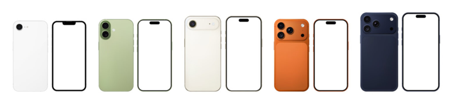 Detailed white, green, gold, orange, blue mobile phone mockup pack. Front and rear view isolated on transparent background. Vector PNG