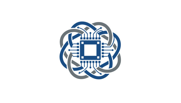 Modern technology logo design displaying a central computer microchip intertwined with a blue and grey circular knot.