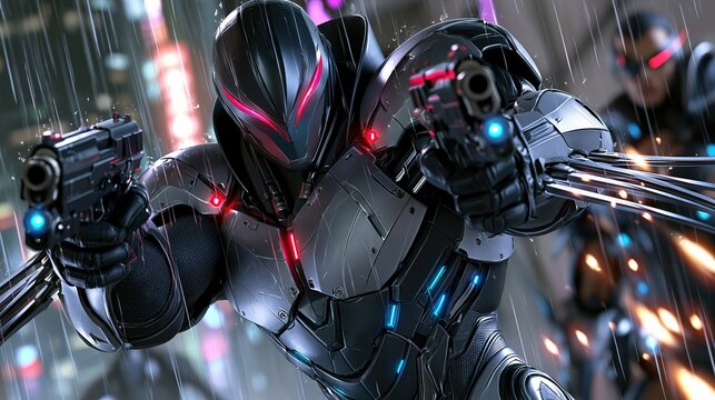 A futuristic warrior in advanced armor aims loaded weapons during a nighttime downpour on a neonlit street.