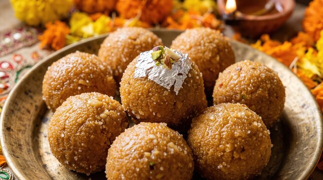 Traditional indian laddu sweet on brass plate with marigold flower for festive celebration