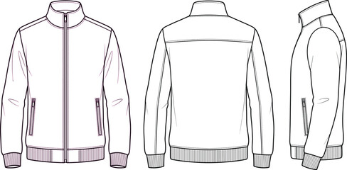 Men's zip up track jacket fashion flat technical drawing template front back and side views © MstMukchina