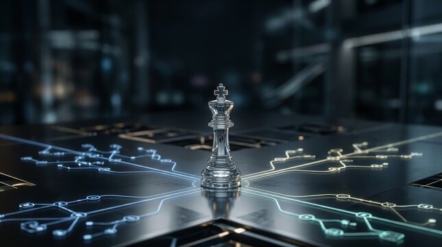 Strategic Decision Making and Competitive Advantage, A futuristic chess piece surrounded by intricate digital circuitry.