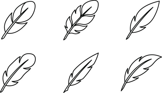Minimalist feather icon collection with black line art drawings for elegant graphic design elements decoration
