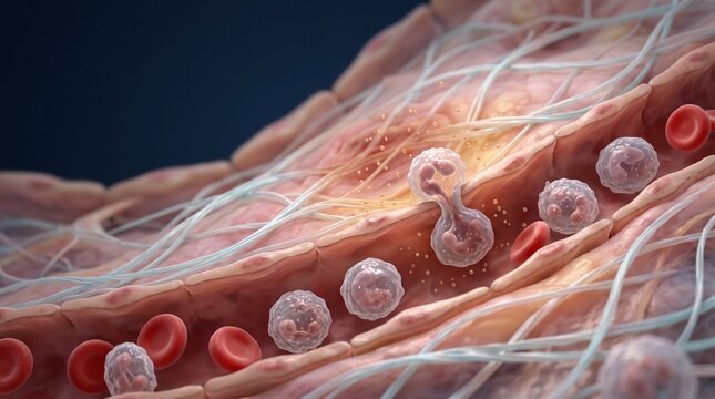 Medical Illustration of White Blood Cell Diapedesis Through Capillary Walls into Tissue