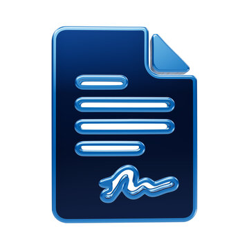 Shiny 3d blue document with signature for legal contracts and agreements, isolated on a black background, for digital isolated on a transparent background