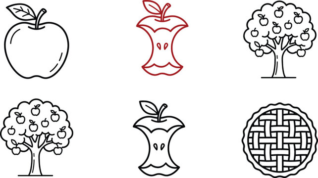 Apple fruit and orchard line icon set featuring whole apple core tree and pie symbols