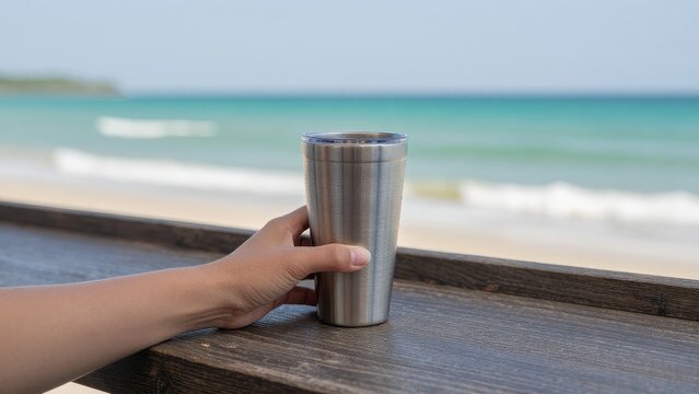 Hand Holding Stainless Steel Tumbler by Seaside in Bright Daylight