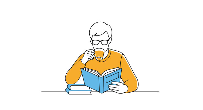 Minimalist line drawing of a man with glasses reading an open blue book and drinking coffee at a table.