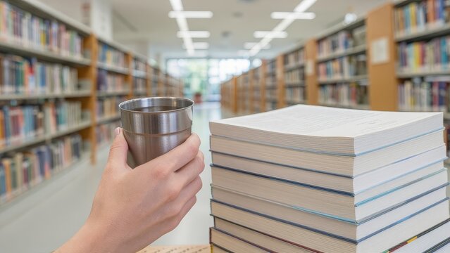 Hand Holding Coffee Cup in Library with Stacked Books in Background