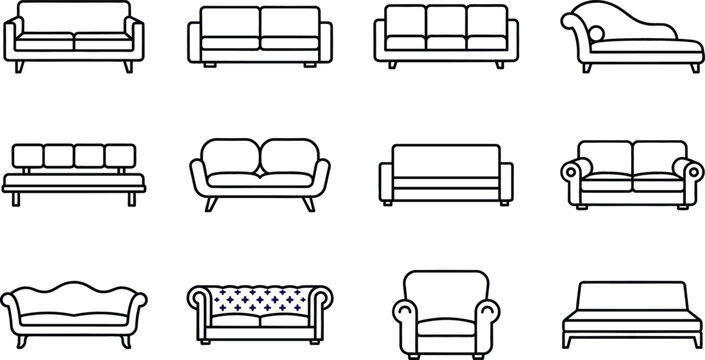 Modern furniture icon set with line art vectors of sofas couches armchairs for interior house design