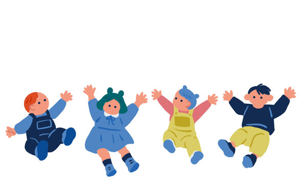 保育園向け素材：4人の子供たちが一緒に跳ねるグループイラスト