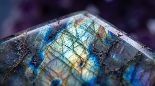 Polished labradorite gemstone macro close up showing blue iridescence
