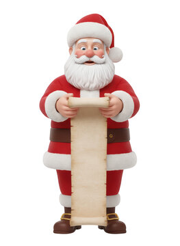 Friendly 3d santa claus character holding a blank paper scroll for holiday season greeting and announcement