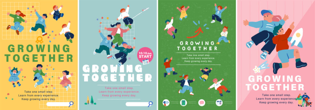 知育・教育コンテンツ向け「GROWING TOGETHER」ポスターデザインセット（4種類）
