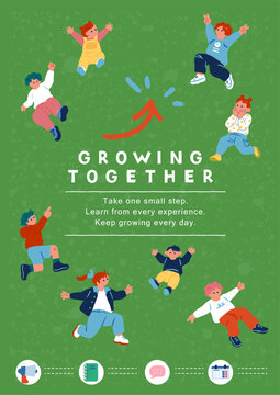 子育てメディア向け：矢印モチーフと共に子供たちが跳ぶ「GROWING TOGETHER」ポスターイラスト（緑）