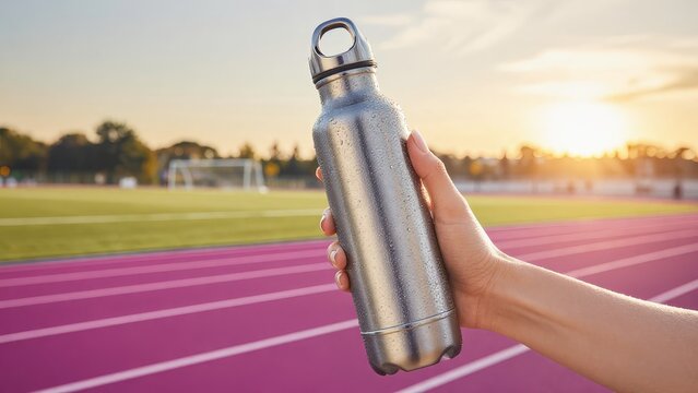 Hand Holding Metal Water Bottle at Sunset on Athletic Track