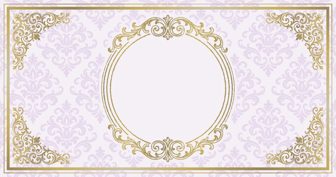 Vintage luxury frame card template on purple damask background with copy space