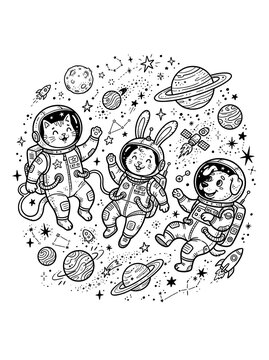 Friendly cat bunny and dog astronauts exploring deep space with satellites and rockets for children astronomy coloring activity.